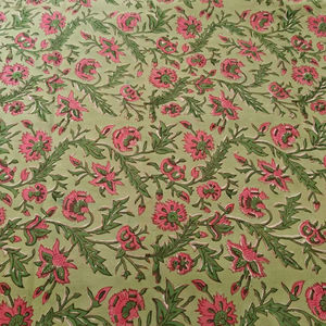 100% pur coton indien Floral main bloc imprimé tissu tissu cour vert carmin poinçon rose pour femmes vêtements garçons filles - Product Image 1