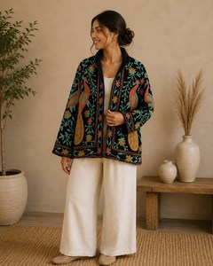 Chaqueta de Mujer con Estampado Floral de Pavo Real, Estilo Suzani, Vintage, Bohemia, Étnica, Kimono para Festivales, Prenda Exterior con Bordado Boho - Product Image 1