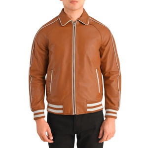 Blouson Bomber Varsity en Cuir Véritable Marron Cognac pour Homme, Bordure Côtelée Rayée, Fermeture Éclair Intégrale, Vêtement d'extérieur Décontracté Haut de Gamme - Product Image 5