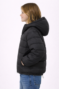 Manteau matelassé noir à capuche pour filles, veste d'hiver isolée avec doublure douce, vêtement d'extérieur thermique léger - Product Image 2