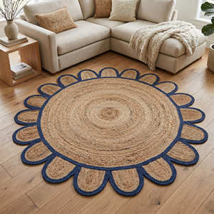 Tapis rond artisanal en jute de 120 cm avec bordure décorative en pétales pour les intérieurs scandinaves et contemporains - Product Image 5