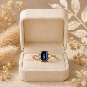 Bague de luxe en gros plaquée or jaune 18 carats avec pierre bleue taille émeraude, personnalisable en moissanite / zircone cubique, bijoux de mariage et de fiançailles - Product Image 4
