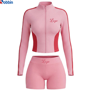 Conjuntos Deportivos Cortos de Verano Estilo Hip Hop para Mujer, 2 Piezas, Chaqueta con Cremallera y Pantalones Cortos, 100% Algodón, Transpirable, de Secado Rápido, Ecológico, Mangas Largas - Product Image 1