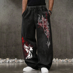 Pantalon cargo harem noir en velours côtelé délavé, avec cordon de serrage, coupe ample, style hip-hop, longueur intégrale, rouge et blanc - Product Image 6