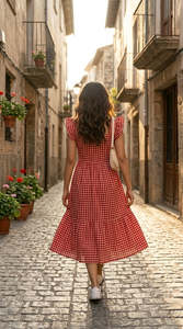 Vestido midi sin mangas a cuadros rojos, vestidos casuales para mujer con tela ligera, estilo moderno y a la moda, ajuste cómodo. - Product Image 4