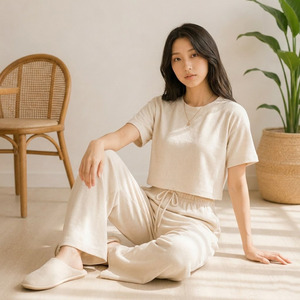 Conjunto de Ropa de Casa para Mujer, 100% Algodón Peinado, Tejido de Punto Jersey Sencillo, Transpirable y Cómodo, Pijamas para Dormir y Descansar - Product Image 1