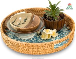 Kitchen & Living Room Applicable Rattan Serving Tray with Mother of Pearl Inlay Wooden Base - Product Image 5