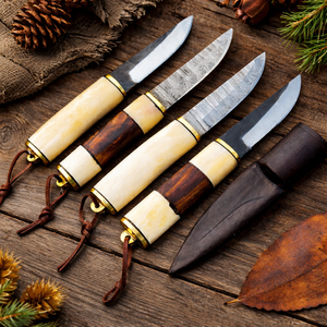 Cuchillo de Caza Premium de Acero de Damasco con Punta Clip y Mango de Hueso de Camello, Cuchillo de Supervivencia al Aire Libre de Hoja Fija Hecho a Mano, OEM Personalizado - Product Image 1