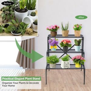 Supporto per Piante a 3 Livelli in Metallo con Ripiani a Griglia Allargati per Esposizione in Veranda e Giardino - Product Image 6