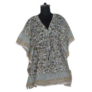 Caftán de Algodón para Playa, Hecho a Mano, Estilo Hippie Bohemio, Caftán Corto para Mujer, Vestido Maxi, Vestidos de Verano con Estampado de Bloques - Product Image 1