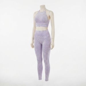 <b>Women</b> Lavender Acid Wash Yoga Set Halter Neck <b>Crop</b> Sports Bra High Waist Full Length <b>Leggings</b> Gym Fitness Activewear - Product Image 1
