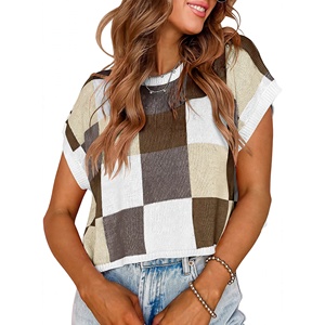 SAJZA INTERNATIONAL Women's Casual Breathable Plaid Jacquard Sleeveless Short Crop Summer Thin Color <b>Block</b> Knit Shirt - Product Image 1
