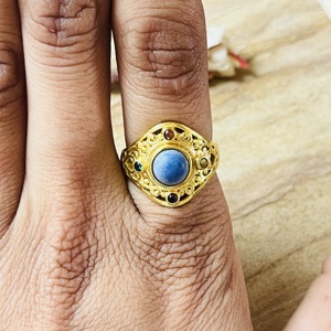 Premium Look <b>Lapis</b> <b>Lazuli</b> <b>Rings</b> Boho Brass <b>Rings</b> Women 18k Gold Plated Filigree Shield Cocktail Jewelry For Wholesale/OEM/ODM - Product Image 5