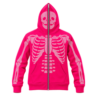 Sweat à capuche zippé intégral personnalisé Y2K avec strass et motif squelette rose vif, coupe oversize, pour hommes et femmes, style streetwear