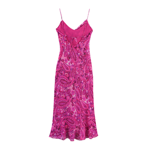 Vestido Maxi de Noche Rosa Satinado con Estampado Floral, Sin Mangas, Cuello Drapeado, Dobladillo Fruncido con Abertura, Cintura Natural, Ideal para Fiestas de Verano - Product Image 2