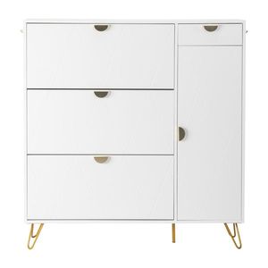 Scarpiera in truciolato bianco con pannello porta intagliato a V, 3 cassetti a sinistra, 1 cassetto a destra, 1 anta, 120x24x125 cm - Product Image 3