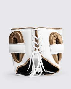 Fly Boxing Full Face Head Guard White Gold Leather Lace Up Closure Protective Gear <b>for</b> Adults Unisex Universal Style - Product Image 6