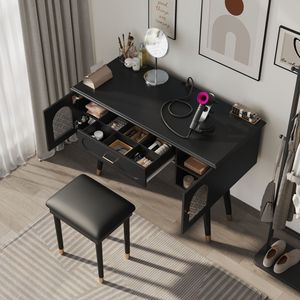 Set Moderno ed Elegante di Tavolo da Trucco Nero con Sedia, Toeletta Moderna con Organizer, Scrivania e Porta di Ricarica - Product Image 3