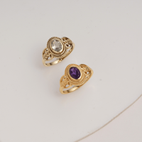 Bague ovale artisanale en laiton vintage avec améthyste naturelle sertie clos, style filigrane, pour femme, vente en gros