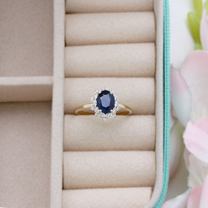 14K Solid Yellow Gold Oval <b>Blue</b> Sapphire Diamond Floral Halo Engagement <b>Ring</b> Fine Jewelry Wholesale Gemstone <b>Ring</b> For Women Gift - Product Image 5