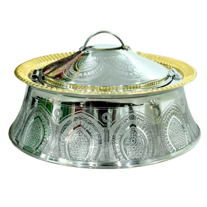 Casserole ronde en métal avec bord doré poli et couvercle en acier inoxydable à motif oriental, durable pour les cuisinières à gaz et à induction - Product Image 1