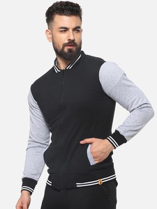 Chaqueta Bomber Negra para Hombre con Mangas Grises, Cierre Frontal con Cremallera, Cuello Camisero, Color Sólido, Tejido de Poliéster y Algodón - Product Image 2