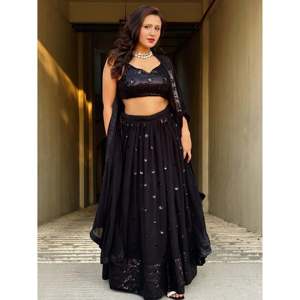 Black <b>Sequin</b> Georgette Strapless Lehenga Choli for Evening Parties - Product Image 1