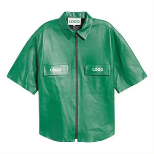 Green Men's Short Sleeve Workwear <b>Shirt</b> With Zipper Front And Logo Pockets Casual Style Summer Wear - Product Image 1