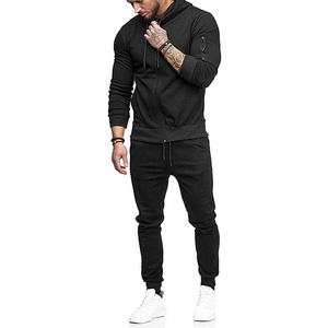 High Quality Men's Gym Wear Zip Up Plain Hoodie With Zipper Pocket On Right Sleeve & Joggers Pant Tracksuit Set - Product Image 1