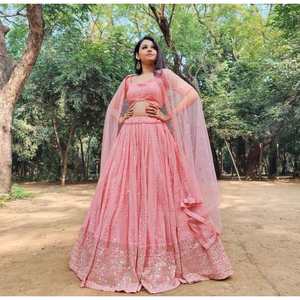 FANCY GEORGETTE BORDADO SECUENCIA TRABAJO LEHENGA CHOLI CON DUPATTA ROSA - Product Image 1