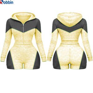 <b>Top</b> Trending Hot Selling Women's Hooded Color Block 2Pcs Short Set Sporty Zipper Knitted Spandex Polyester Spring Summer Workout - Product Image 2