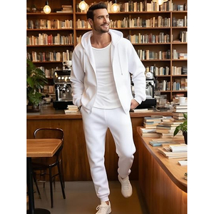 Ensemble de survêtement blanc à capuche pour homme, fermeture éclair intégrale, sweat-shirt et pantalon décontractés, couleur unie, coton, tenue d'automne, coupe classique - Product Image 4