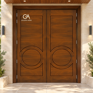 Puerta de Entrada Moderna para Villa GA-41L |   Puerta de Madera Sólida de Doble Hoja con Ranura Circular - Product Image 1