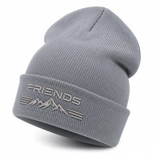 Embroidered Beanie Hat Gray Unisex Casual Winter <b>Cap</b> with <b>Mountain</b> Logo Design - Product Image 3