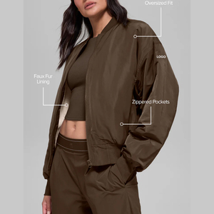 Women's Faux <b>Fur</b> Lining Knitted Bomber Jacket Oversized Zip Teddy Winter Streetwear Garment Dyed Custom OEM Premium Outerwear - Product Image 4