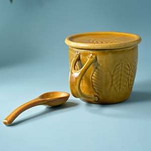 Beige Striped Ceramic Soup Mug with Lid and Spoon <b>Microwave</b> Safe <b>Set</b> of 2 for Tea or Coffee Sublimation Blank - Product Image 3