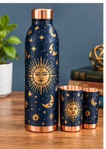 Botella de Agua Mediterránea de Cobre, Hermética, con Dos Tazas, Diseño Floral Azul y Dorado, Termo Portátil Aislado - Product Image 6
