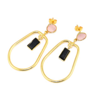 Magnifiques boucles d'oreilles pendantes en laiton plaqué or 18 carats, avec onyx vert et quartz hydro, forme fantaisie spirale à coupe damier, vente en gros - Product Image 5