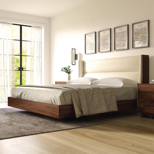 Cama Flotante Moderna al por Mayor |   Cabecera Tapizada para Cama con Estructura de Madera de Nogal - Product Image 1