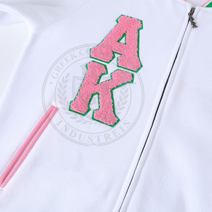 Sudadera universitaria para mujer con cremallera, de algodón, con letras griegas en relieve y bordado, color blanco con ribete verde y rosa, de la hermandad Alpha K. - Product Image 4