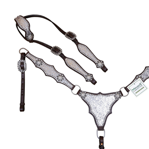 Ensemble de têtière en cuir véritable argentin Western avec paillettes argentées, confortable, durable, grandes paillettes brillantes, strass et conchos - Product Image 3
