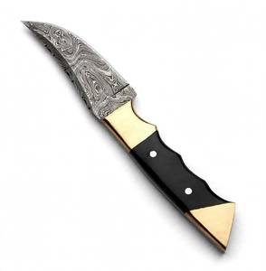 High contrast acid etched patterned damascus steel utility <b>tool</b> with trailing point <b>profile</b> with Black Composite Scales - Product Image 2