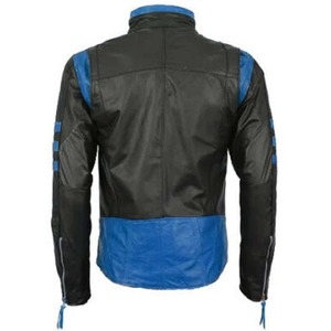 Men's Black Leather Motorcycle <b>Racing</b> <b>Jacket</b> with Blue Stripe - Product Image 2