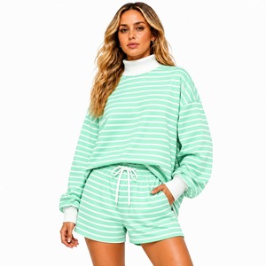 Conjunto de Pantalón Corto y Top de Cuello Alto a Rayas de Gran Tamaño, de Alta Calidad, de Manga Larga, Tejido de Algodón, Transpirable, Estilo Hombros Caídos, para Otoño - Product Image 1