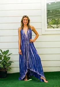 Robe longue décontractée pour femme, style bohème, bleu marine, en rayonne, tie-dye, col en V, fluide, sans manches, pour les vacances - Product Image 2