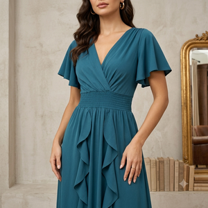 Robe simple à col en V et manches courtes, coupe trapèze, taille élastique, tissu respirant en coton/polyester, fabrication vietnamienne, étiquette personnalisée - Product Image 4