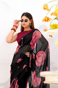 Sari indien traditionnel ethnique décontracté en mousseline de soie à imprimé floral pour un usage quotidien et des occasions festives pour femmes, tenue élégante et tendance - Product Image 5
