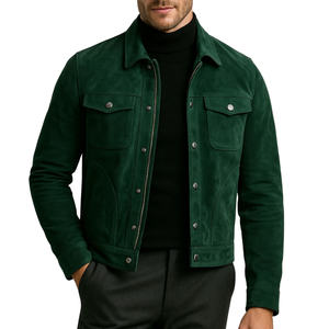 Veste en cuir suédé vert pour homme avec fermeture éclair, col rabattable, style décontracté, respirante et coupe-vent pour l'hiver - Product Image 5