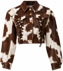 Women's Brown White Cow Print Genuine Leather <b>Trucker</b> <b>Jacket</b> Full Sleeve Lace Up Turn Down Collar Short Fit Autumn Style - Product Image 4