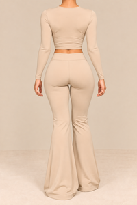Women Beige <b>Long</b> <b>Sleeve</b> <b>Crop</b> Top Flared Pants Two Piece Stretch Matching Outfit Set - Product Image 2